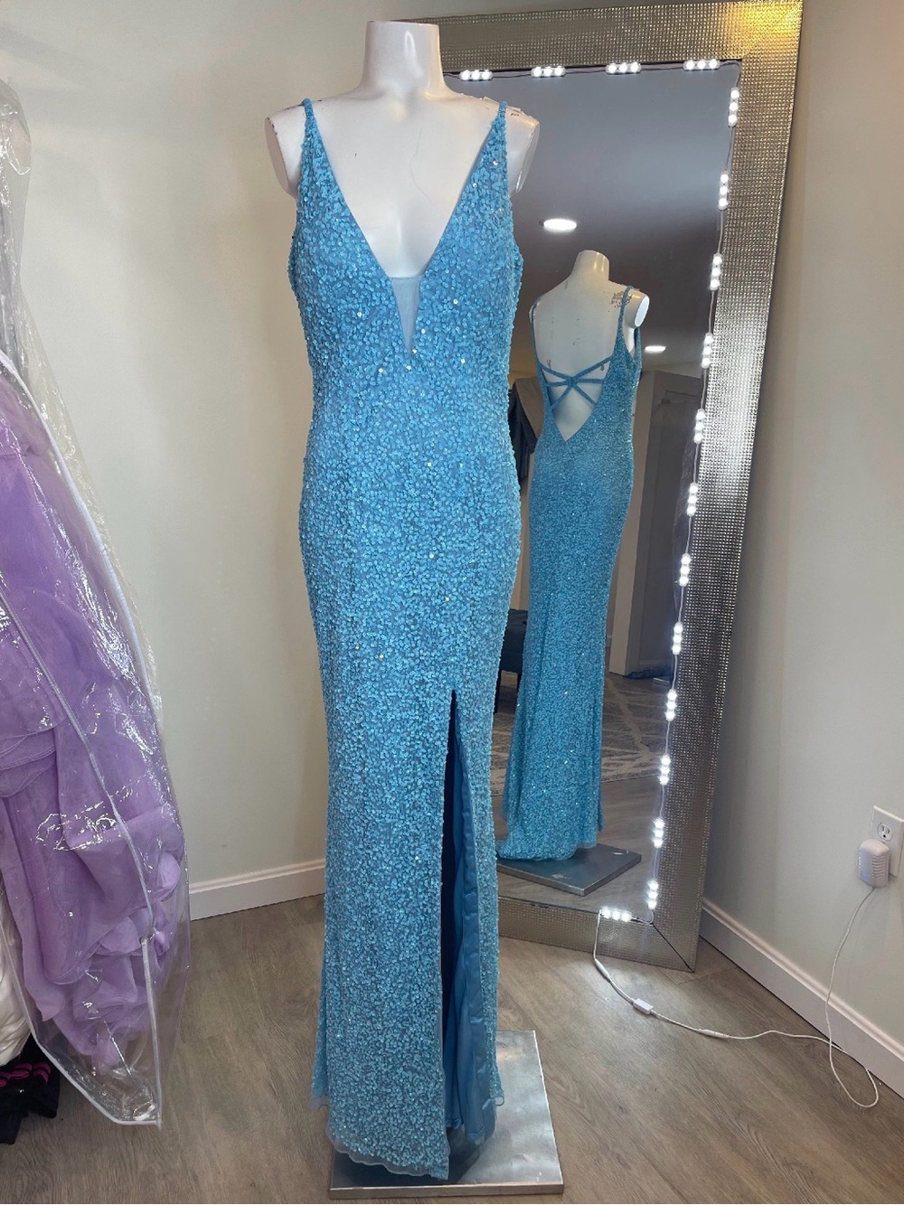 Primavera Couture Sky Blue Sequin V-Neck Prom Gown